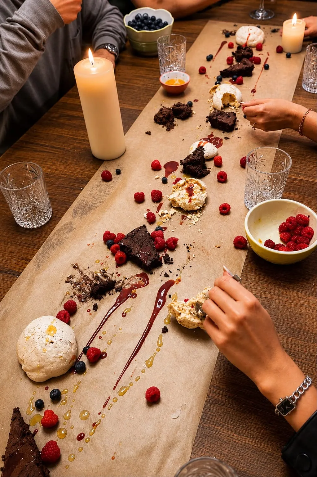 Table de desserts partagés sur papier kraft, aux chandelles