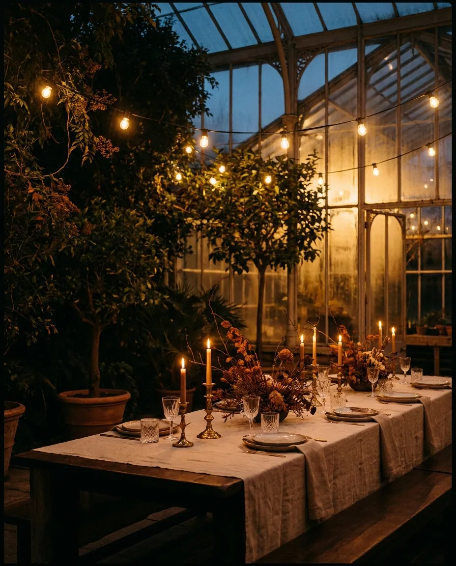 Table dressée sous la verrière d'une orangerie au crépuscule