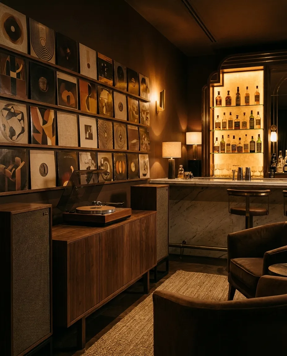 Salon d'écoute audiophile, mur de vinyles et bar rétroéclairé